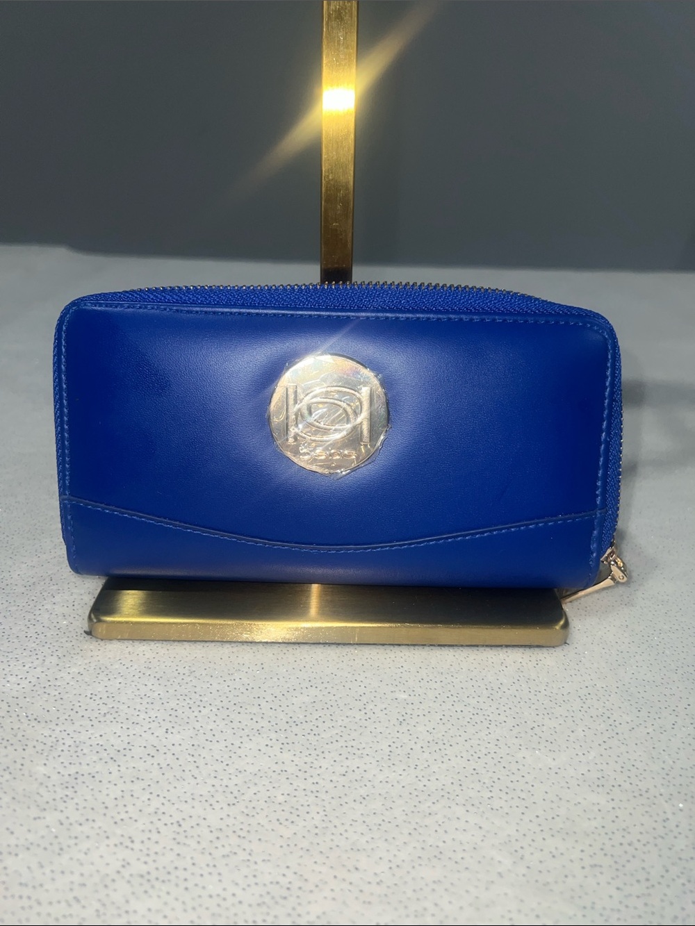 bebe Royal Blue Zip-Around Wallet with Gold Medallion NWOT